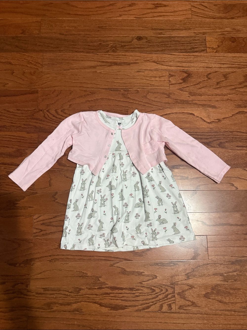 Pink Cardigan & Bunny Print Dress Set